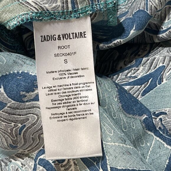 Zadig & Voltaire Small Asymmetrical Dress Sleeveless Deep V-Neck Teal Abstract - Picture 10 of 11